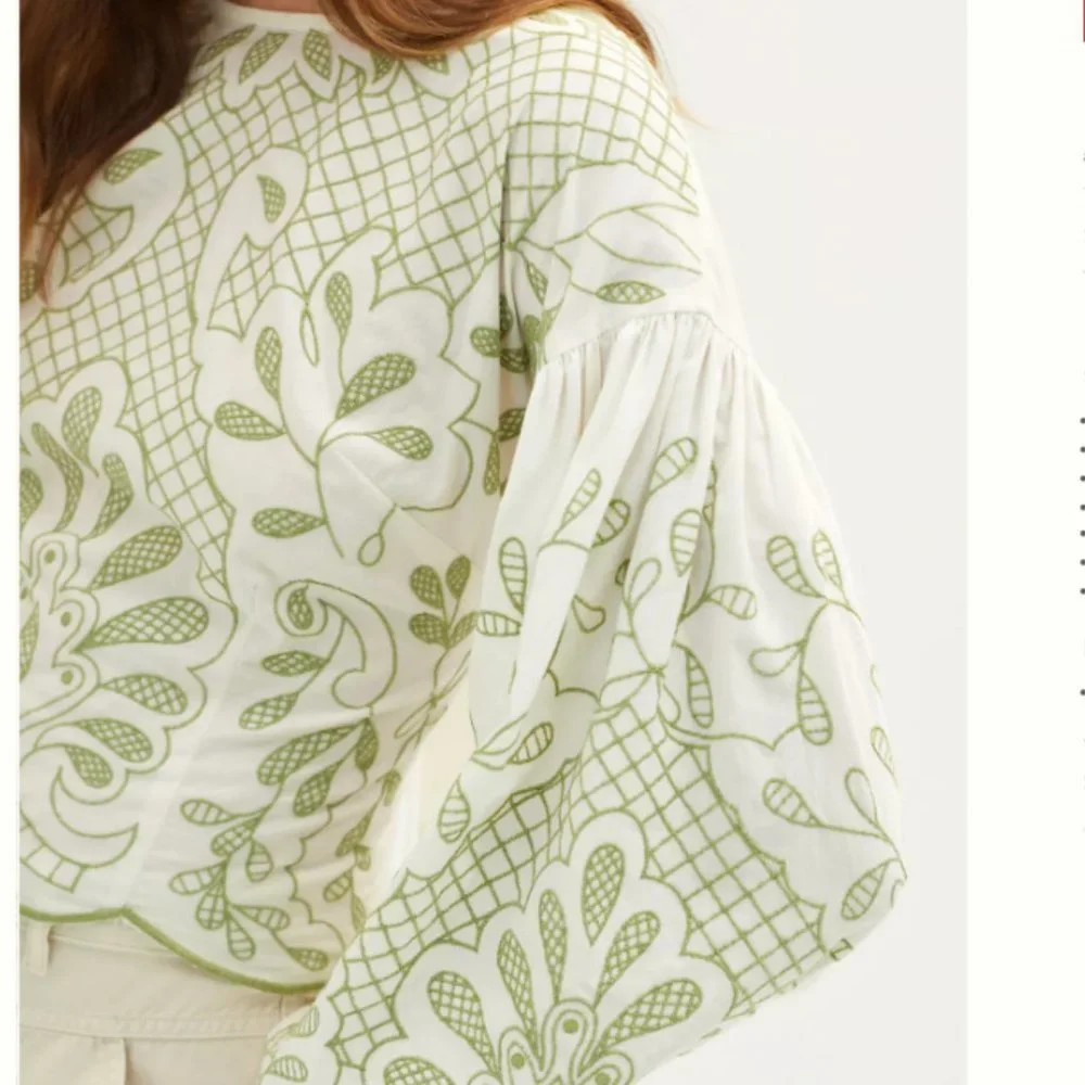 Anthropologie Puff-Sleeve Embroidered Blouse, M NWT